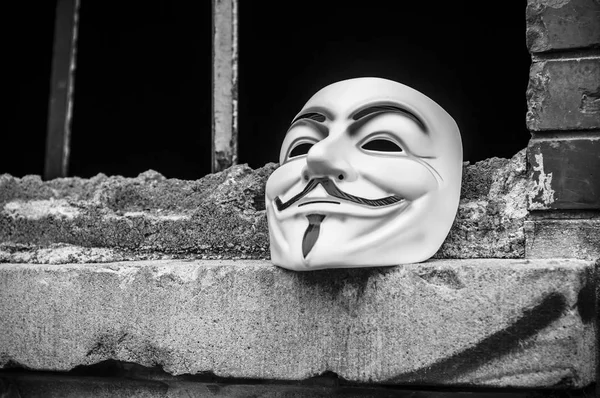 Paris France May 2018 Vendetta Mask Window Abandoned Factory Mask — Stock Photo, Image