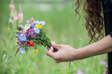 kır çiçekleri buketi bir çayırda genç kadının elinde closeup