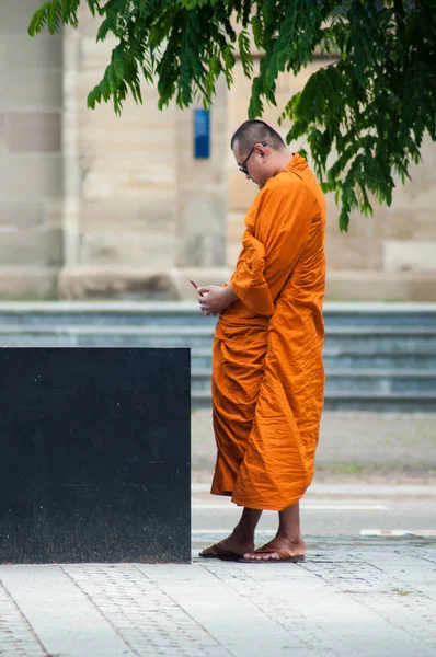 Mulhouse France May 2018 Tibetan Monk Taking Picture Fountain Place — Stock Photo, Image