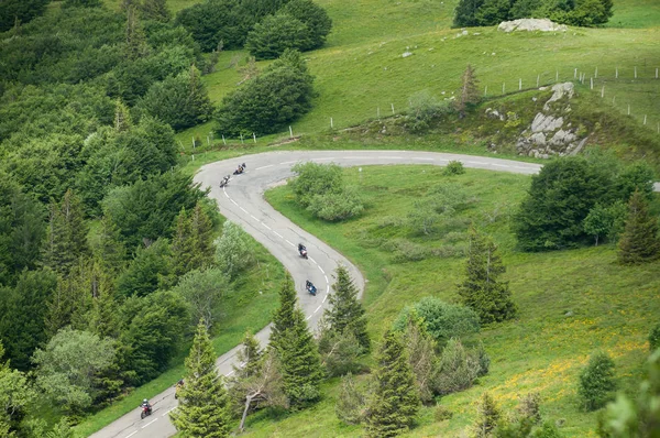 group of  bikers in beautiful mountain laces road in top vieuw in grand ballon in Alsace