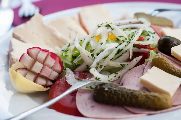 Close Van Traditionele Elzasser Salade Met Worst Kaas — Stockfoto