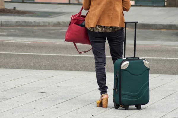 Closeup Woman Standing Street Suitcase Back Pack Train Station — Stock Photo, Image