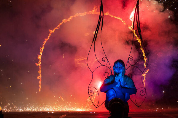 Rouffach - France - 21 July 2018 - fire show on stage during the with party
