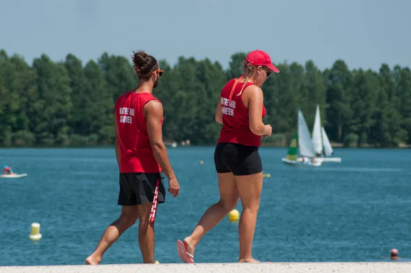 Reiningue France July 2018 Lifeguard Walking Front Lake Back View — Stock Photo, Image