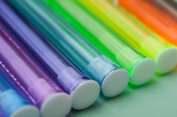 Closeup Colorful Ballpoint Pens Color Background — Stock Photo, Image