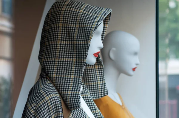 Detailní Záběr Zimní Kabát Kapucí Figuríně Módě Ukládat Showroom Pro — Stock fotografie