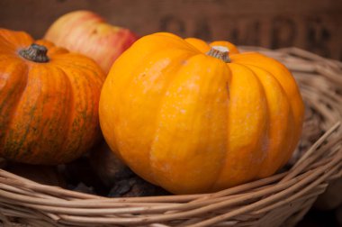 küçük kabak ve ceviz ahşap arka plan üzerinde closeup