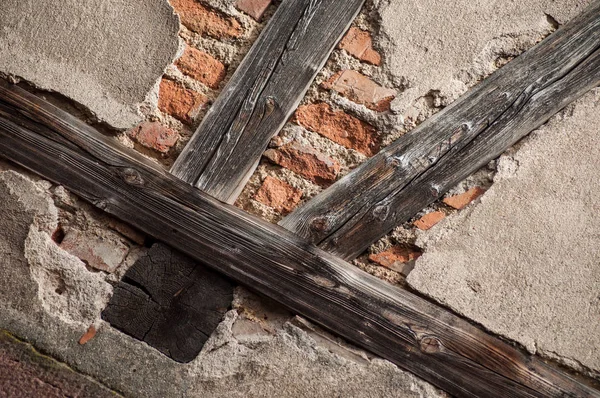 Closeup Red Brick Wall Wooden Timber Texture — Stock Photo, Image