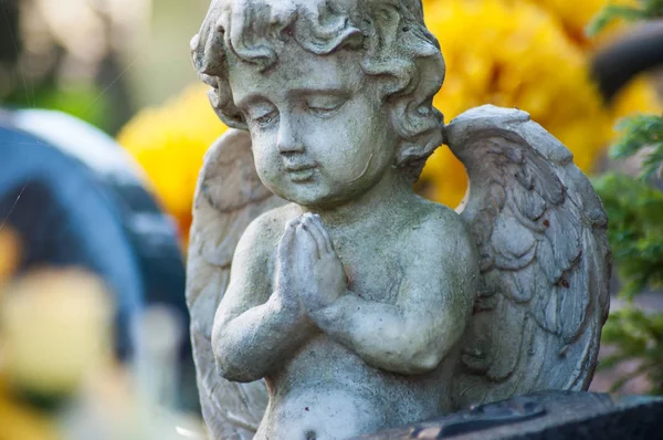 Closeup Sjetý Angel Hrob Hřbitově Pozadí Žluté Květy — Stock fotografie