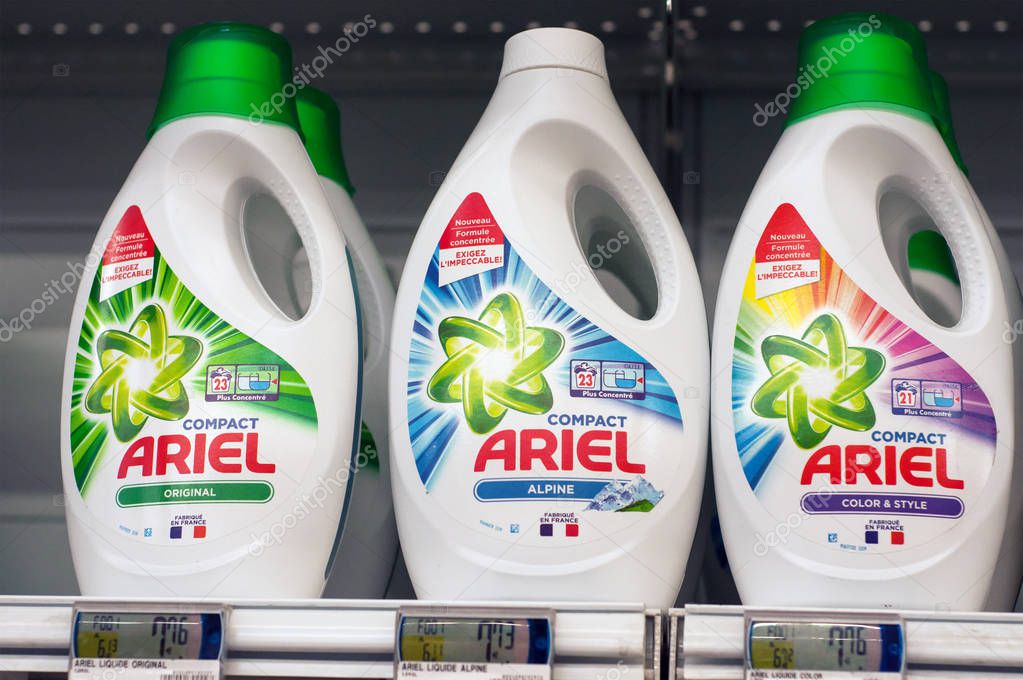 Mulhouse - France - 3 October 2018 - closeup of detergent bottle  from Ariel brand  at Super U supermarket