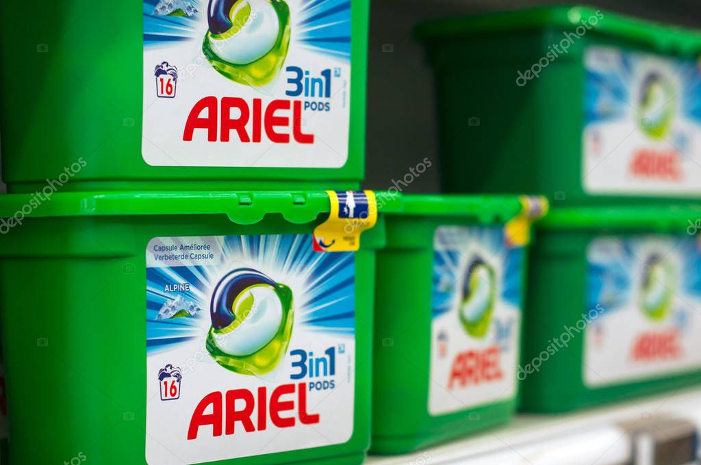 Mulhouse - France - 3 October 2018 - closeup of detergent box with capsules  from Ariel brand at Super U supermarket
