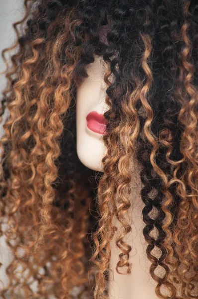 Primer Plano Cara Mujer Maniquí Con Peluca Afro Sala Exposición — Foto de Stock