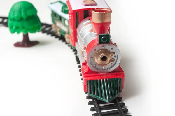 Close Trem Plástico Miniatura Sobre Fundo Branco — Fotografia de Stock