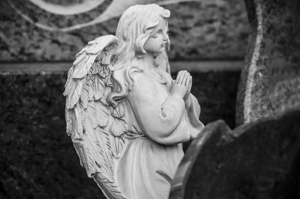 closeup of stoned angel praying on tomb at cemetery