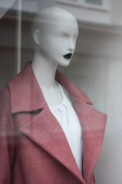 粉红色的冬季大衣特写镜头在时装店展示妇女的模特 — 图库照片