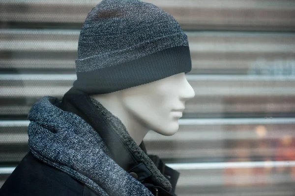 Closeup Wool Hat Blue Winter Coat Mannequin Fashion Store Showroom — Stock Photo, Image