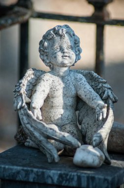 Mezarlıktaki mezarda taşlanmış meleğin yakın çekimi. 