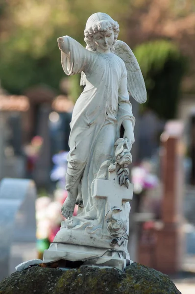 Närbild Stenad Ängel Graven Kyrkogård — Stockfoto