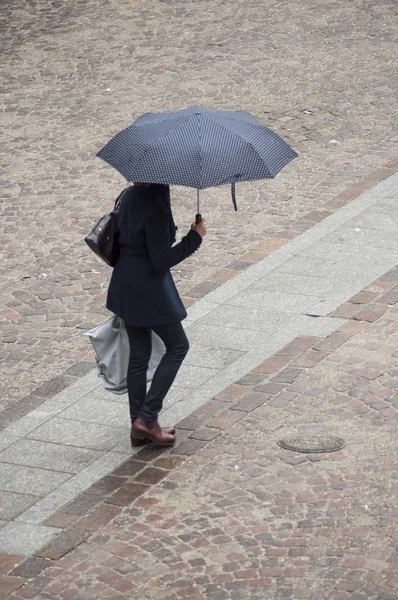 Kék Esernyő Macskaköveken Portréja Hely Városban Felülnézet — Stock Fotó