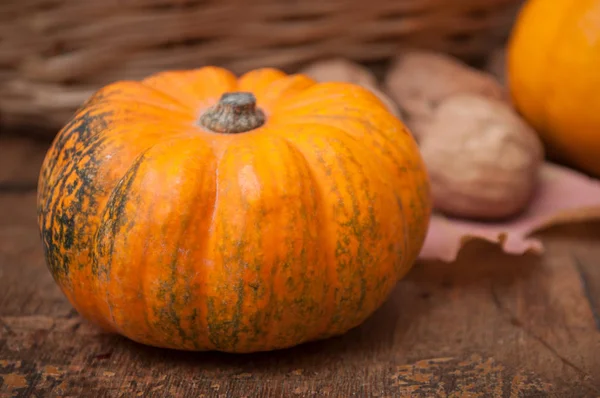 küçük kabak ve ceviz ahşap arka plan üzerinde closeup
