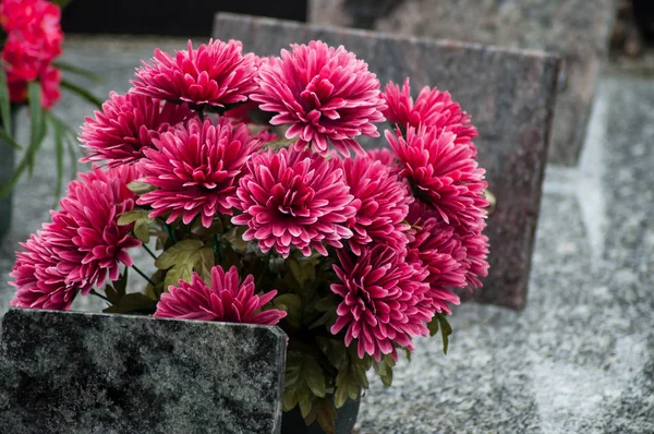 Primo Piano Fiori Artificiali Rosa Tomba Cimitero — Foto Stock