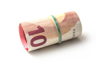 banknot closeup roll on Euro para beyaz arka plan üzerinde