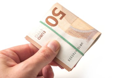 50 Euro para el Beyaz arka plan üzerinde banknot paket closeup