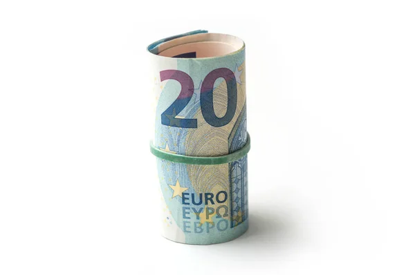 Närbild Sedlar Rulle Tjugo Euro Pengar Vit Bakgrund — Stockfoto