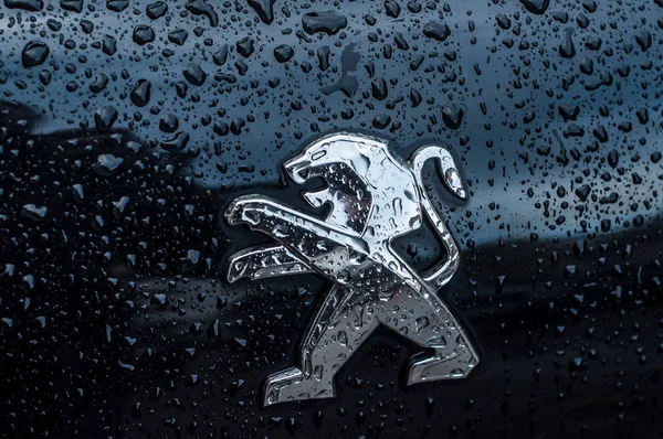 ミュルーズ フランス 2018 雨のクローズ アップ黒車のフロント通りに駐車の上でプジョー ライオン ロゴを削除します — ストック写真