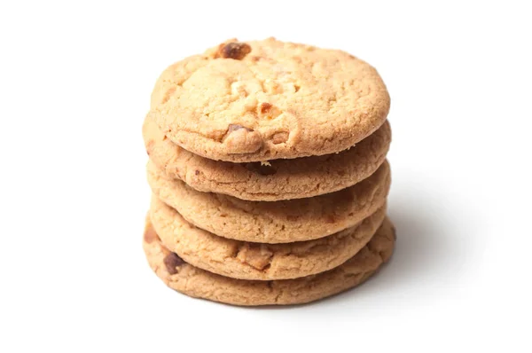 Närbild Vit Choklad Cookies Högen Vit Bakgrund — Stockfoto