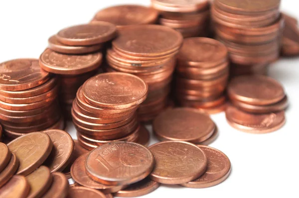 Closeup Cents Euro Coins Piles White Background — Stock Photo, Image