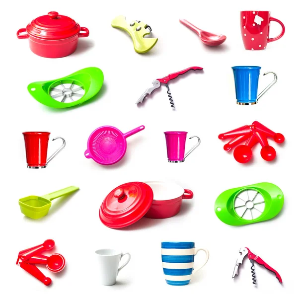 set of colorful kitchen tools collection on white background