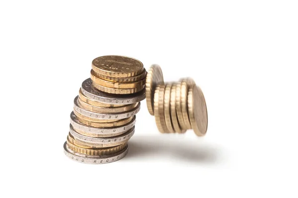 Closeup Euros Coins Falling White Background Concept Crisis — Stock Photo, Image