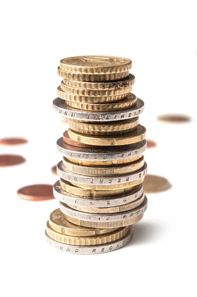 Closeup Euros Coins Pile White Background — Stock Photo, Image