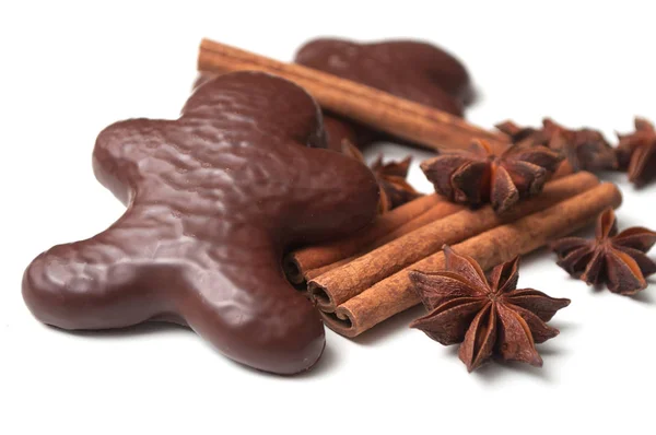 Närbild Jul Pepparkaka Choklad Belagd Kex Formade Man Med Anis — Stockfoto