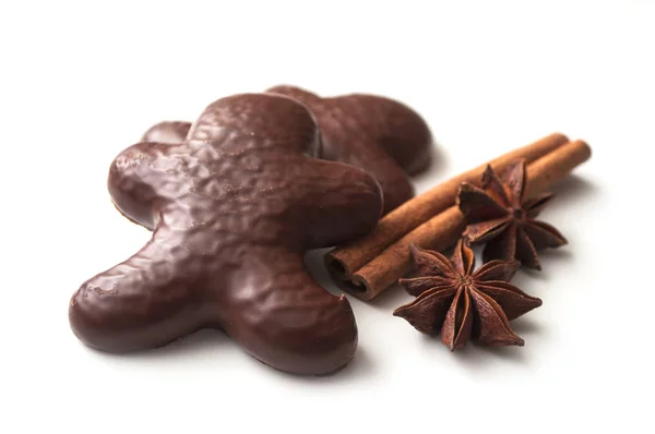 Close Biscoito Revestido Chocolate Gengibre Natal Forma Homem Com Flor — Fotografia de Stock