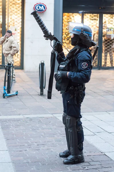 Mulhouse France December 2018 French Policeman Throwing Grenades Standing Pedestrian — Stock Photo, Image