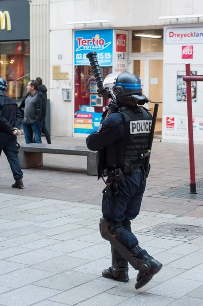 Mulhouse France December 2018 French Policemen Throwing Grenades Walking Pedestrian — Stock Photo, Image