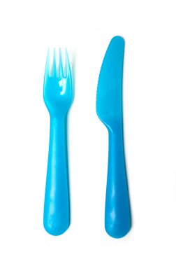 mavi bebek plastik çatal ve bıçak beyaz arka plan üzerinde set 