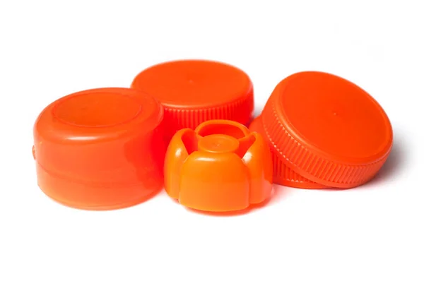 Close Van Oranje Plastic Pluggen Voor Recycling Witte Achtergrond — Stockfoto