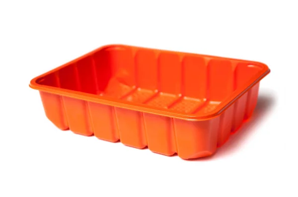 Крупный План Оранжевой Пластиковой Коробки Микроволнового Питания Белом Фоне — стоковое фото
