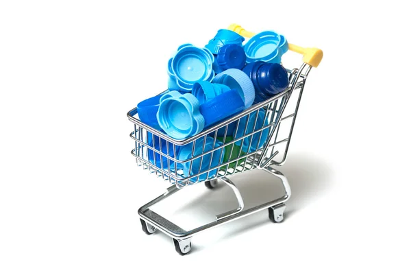 Primer Plano Tapones Plástico Azul Mini Carro Supermercado Concepto Consumo —  Fotos de Stock