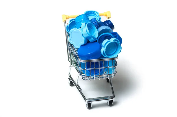 Primer Plano Tapones Plástico Azul Mini Carro Supermercado Concepto Consumo —  Fotos de Stock