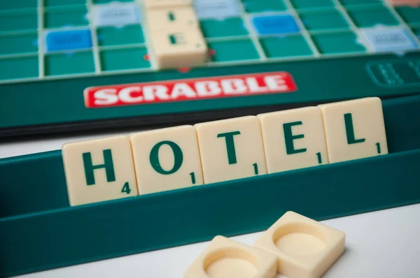 Mulhouse Frankrike Januari 2019 Närbild Plast Bokstäver Scrabble Brädspel Med — Stockfoto