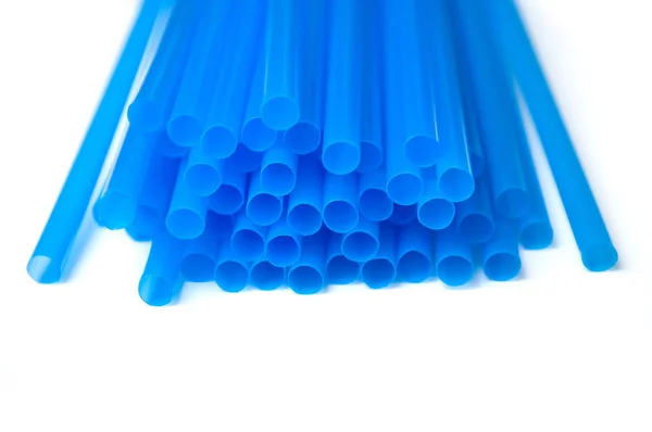 Closeup Blue Plastic Straw Collection White Background — Stock Photo, Image