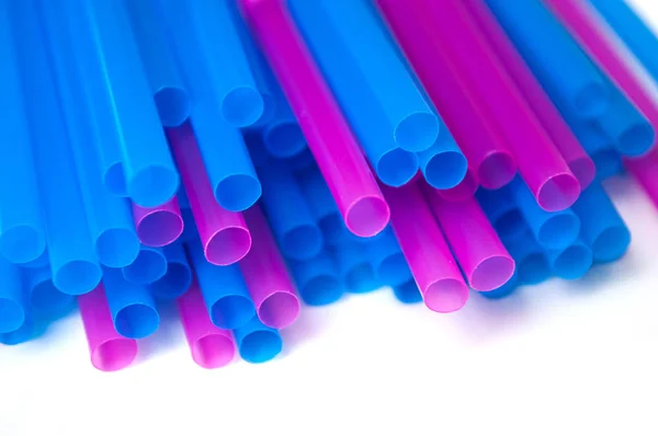 Närbild Färgglada Plast Strån Samling Vit Bakgrund — Stockfoto
