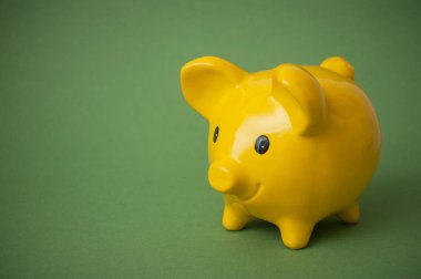 Yeşil arka planda sarı domuz kumbarası.