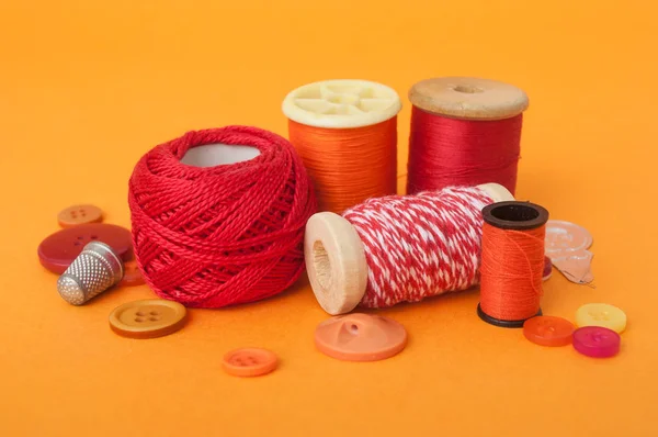 Closeup Sewing Set Orange Background — Stock Photo, Image