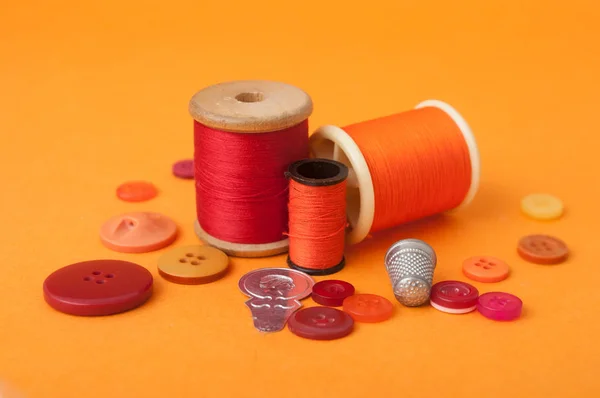 Closeup Sewing Set Orange Background — Stock Photo, Image
