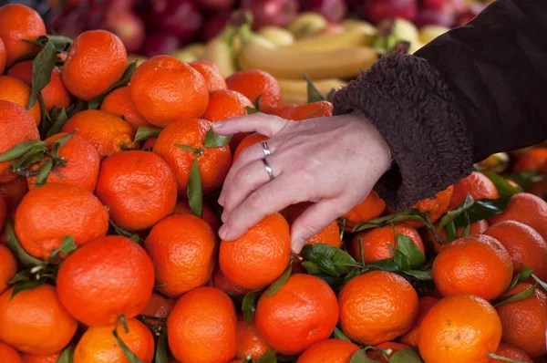 Primer Plano Mujer Que Toma Con Mano Naranjas Frutas Mercado — Foto de Stock